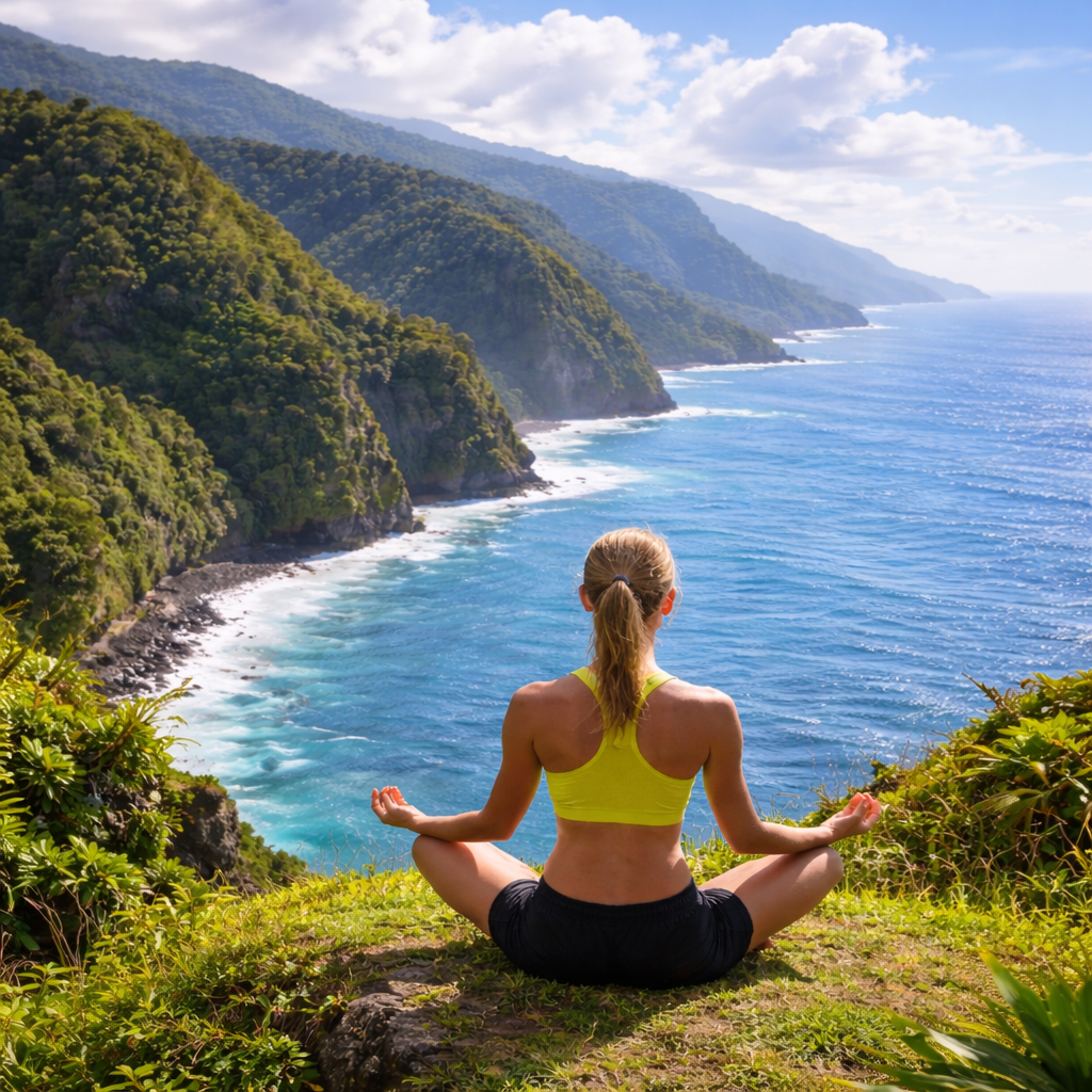 woman meditating on a maui cliff